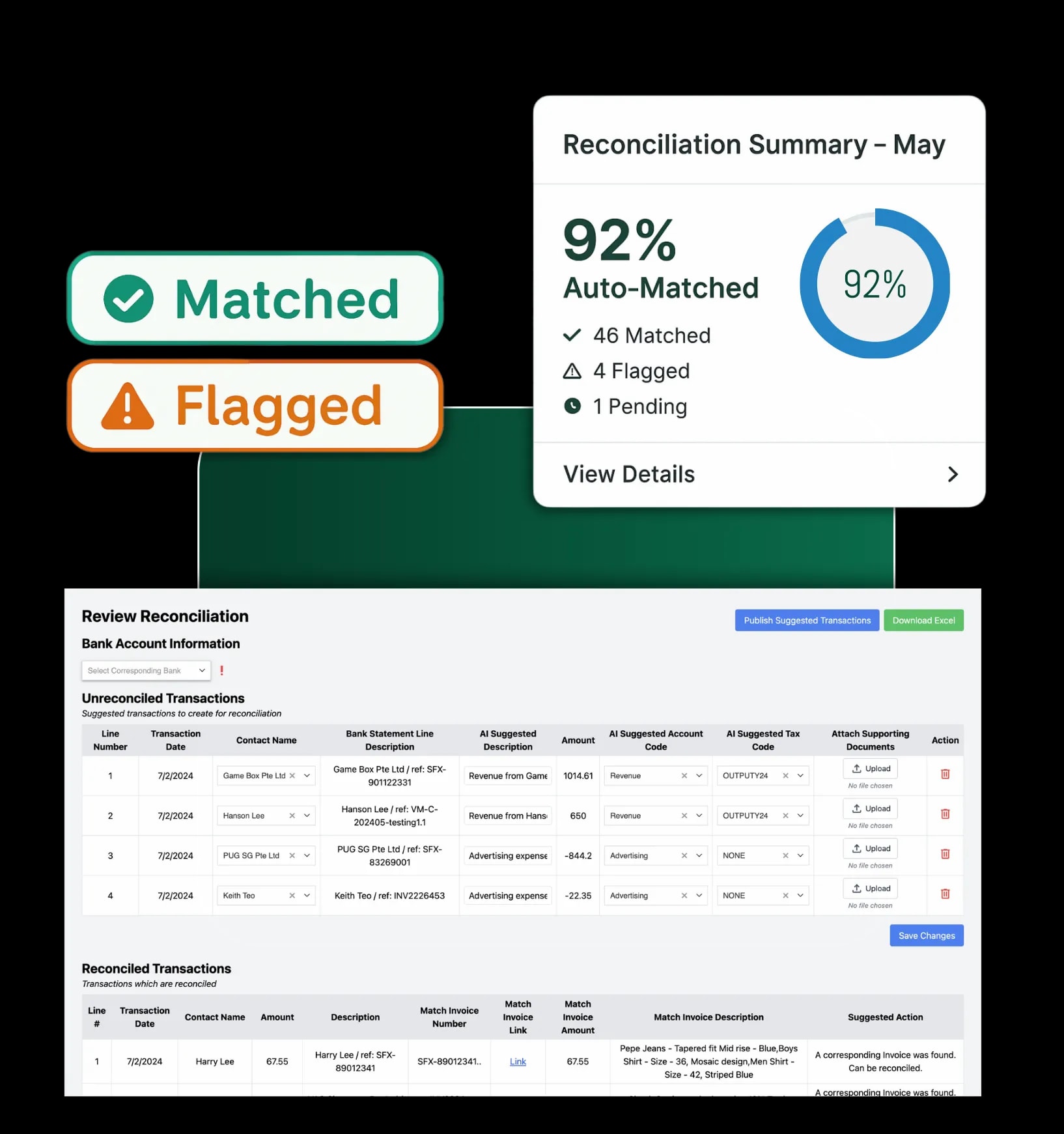 Reconciliation in a jiffy. Match, flag, and fix.